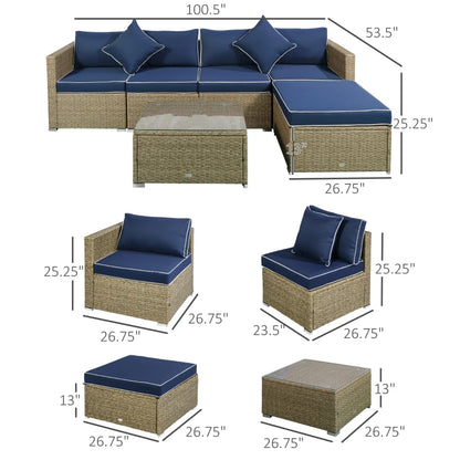 6 Pieces Outdoor PE Rattan Wicker Patio Furniture Sofa Set with Thick Cushions, Deluxe Garden Sectional Couch with Glass Top Table, Yellow and Navy Blue