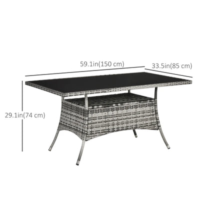 Dining Table, Patio Rattan Dining Table with Glass Top, Storage Shelf for Yard, 59" x 34" x 29", Grey