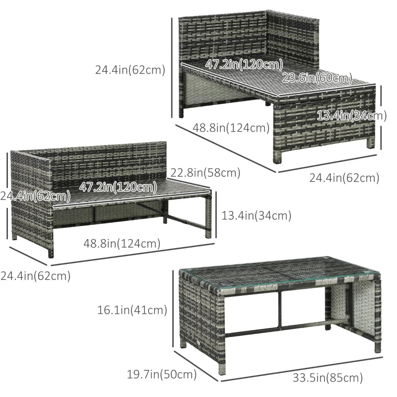 3 Piece Outdoor Patio Furniture Set with Loveseat Sofa, Chaise Lounge, Tempered Glass Table and Cushions, Sectional Wicker Rattan conversation Set for Backyard, Grey