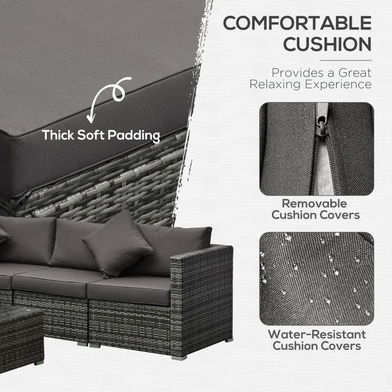 6 Pieces Outdoor PE Rattan Wicker Patio Furniture Sofa Set with Thick Cushions, Deluxe Garden Sectional Couch with Glass Top Table, Mixed Grey and Charcoal