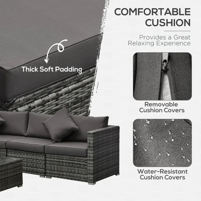 6 Pieces Outdoor PE Rattan Wicker Patio Furniture Sofa Set with Thick Cushions, Deluxe Garden Sectional Couch with Glass Top Table, Mixed Grey and Charcoal