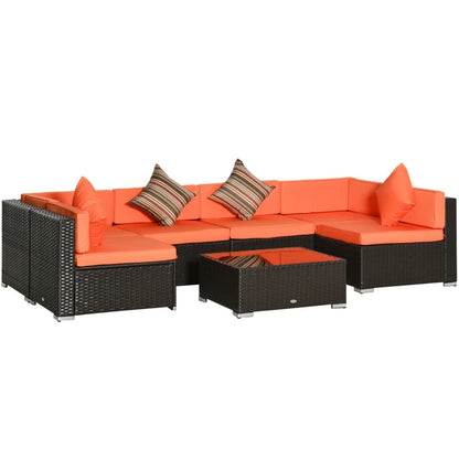 7 Piece Garden Wicker Sectional Set w/ Tea Table Patio Rattan Lounge Sofa with Cushion for Outdoor Deck Orange