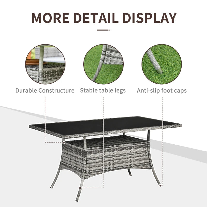 Dining Table, Patio Rattan Dining Table with Glass Top, Storage Shelf for Yard, 59" x 34" x 29", Grey