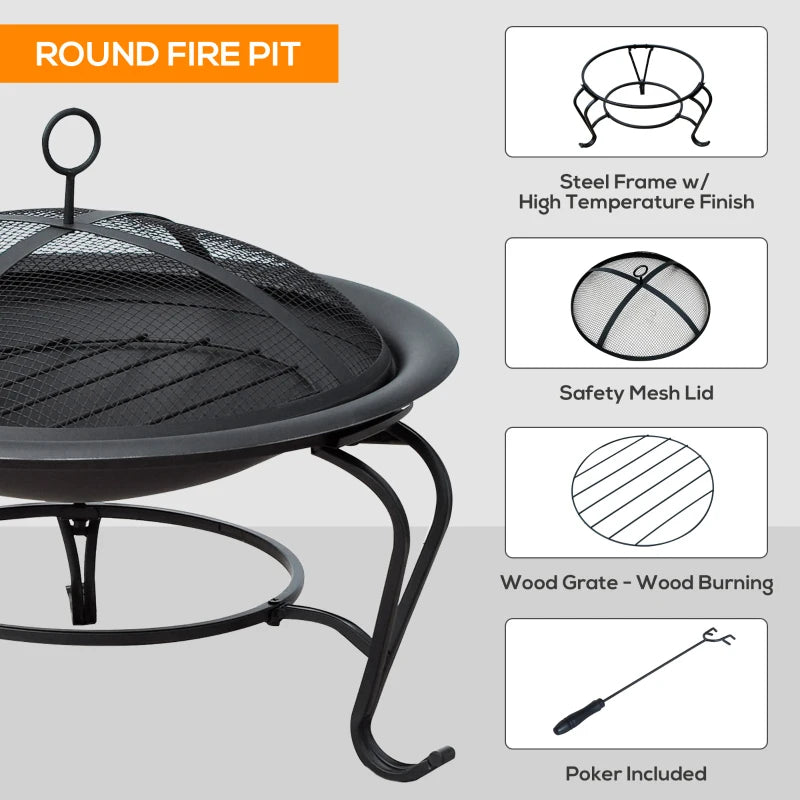 22" Round Firepit Patio Fireplace Garden Heater Portable Wood Burning Porch with Poker and Spark Screen Black