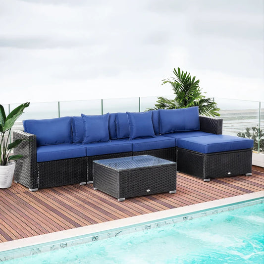 6 Pieces Outdoor PE Rattan Wicker Patio Furniture Sofa Set with Thick Cushions, Deluxe Garden Sectional Couch with Glass Top Table, Black and Dark Blue