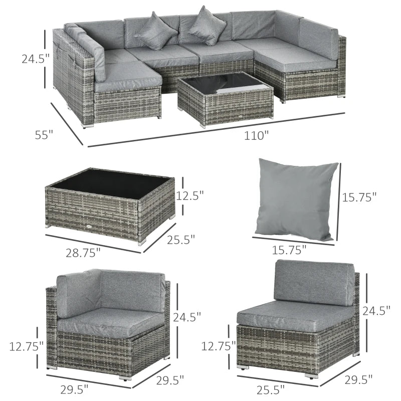 7 Piece Garden Wicker Sectional Set w/ Tea Table Patio Rattan Lounge Sofa Outdoor Deck Furniture Light Grey