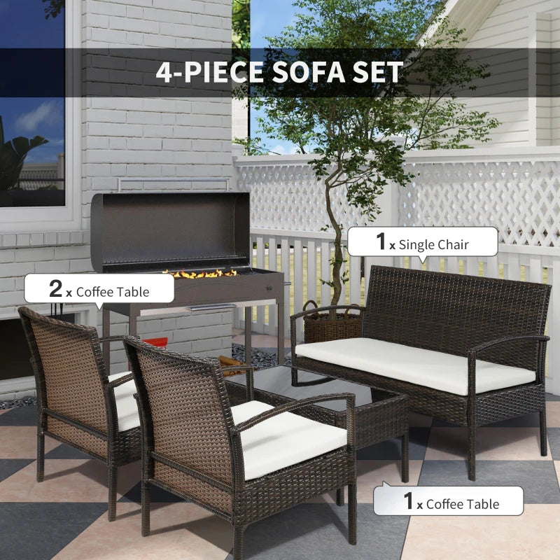 4 Pieces Patio Furniture Sets with A Loveseat, Two Armchairs and A Coffee Table, Outdoor Conversation Set with Glass Top Table, Brown PE Rattan and Cream White Cushions