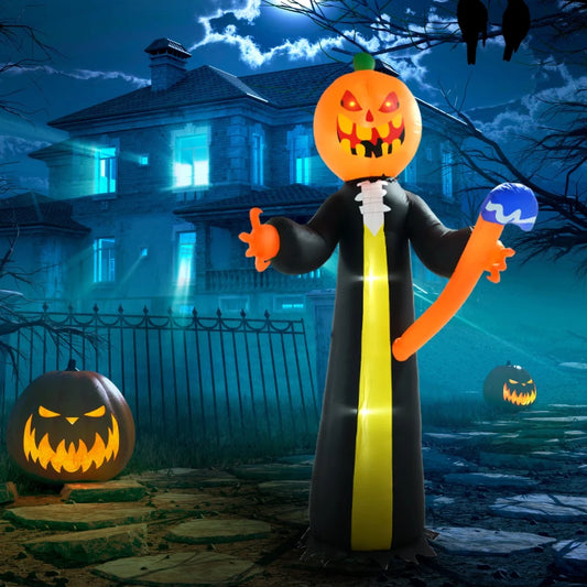 10ft Halloween Inflatable Pumpkin Head Ghost with Hammer, Built-in LED Lights for Yard, Lawn Decoration