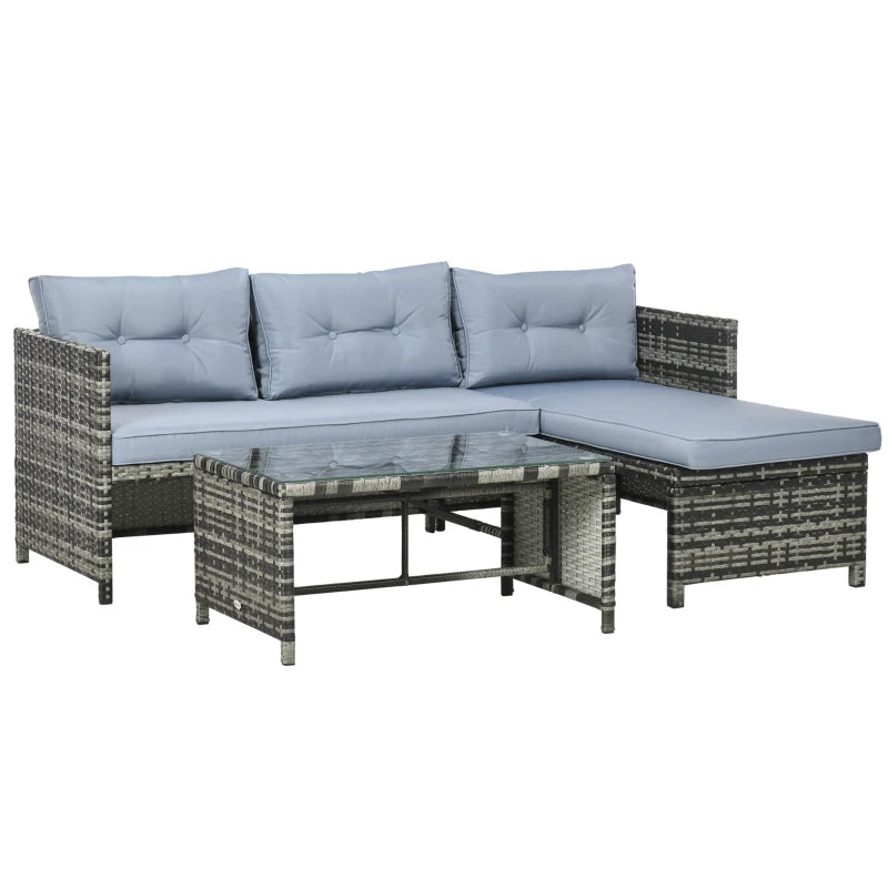 3 Piece Outdoor Patio Furniture Set with Loveseat Sofa, Chaise Lounge, Tempered Glass Table and Cushions, Sectional Wicker Rattan conversation Set for Backyard, Grey