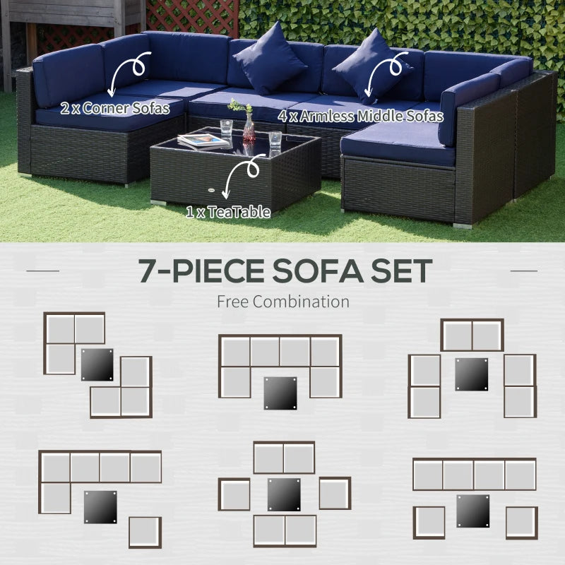 7 Pieces Patio Furniture Set, Rattan Outdoor Conversation Set Garden Wicker Sofa Set, Sectional Furniture, Navy