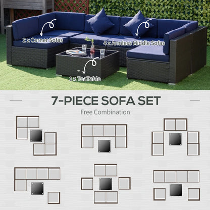 7 Pieces Patio Furniture Set, Rattan Outdoor Conversation Set Garden Wicker Sofa Set, Sectional Furniture, Navy