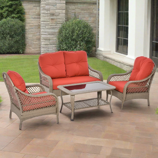 4-Piece Garden Furniture Garden Lawn Pool Backyard Outdoor Sofa Wicker Conversation Set w/ Weather Resistant Cushions and Tempered Glass Tabletop Khaki & Red