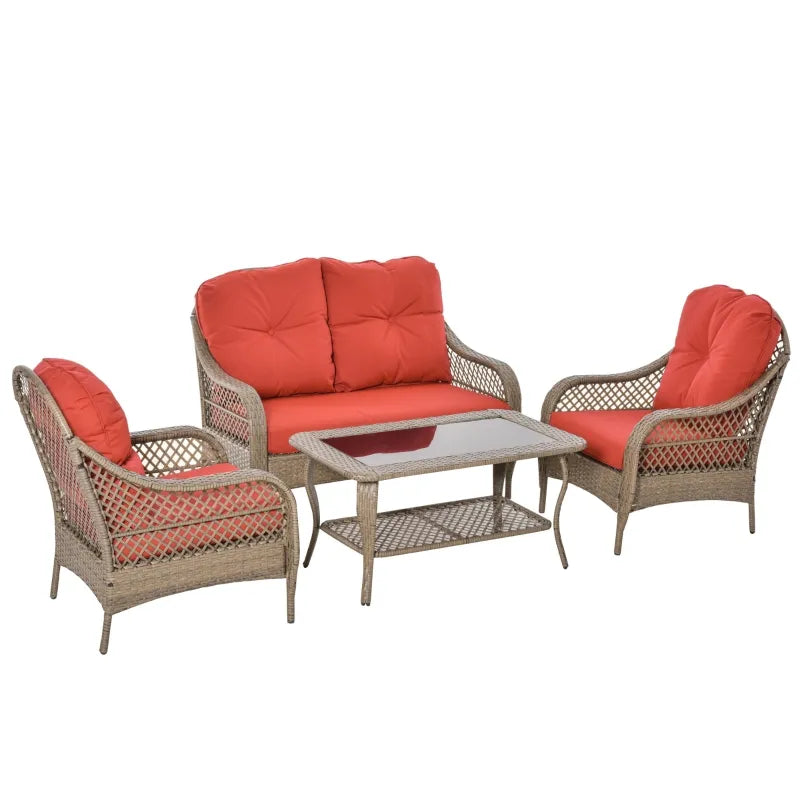 4-Piece Garden Furniture Garden Lawn Pool Backyard Outdoor Sofa Wicker Conversation Set w/ Weather Resistant Cushions and Tempered Glass Tabletop Khaki & Red