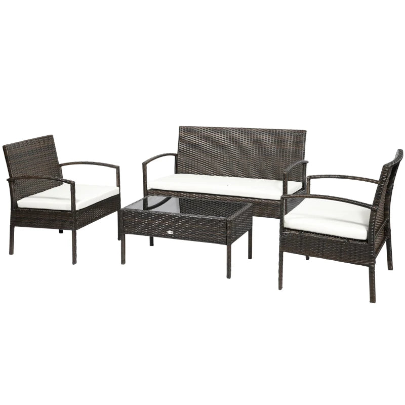 4 Pieces Patio Furniture Sets with A Loveseat, Two Armchairs and A Coffee Table, Outdoor Conversation Set with Glass Top Table, Brown PE Rattan and Cream White Cushions