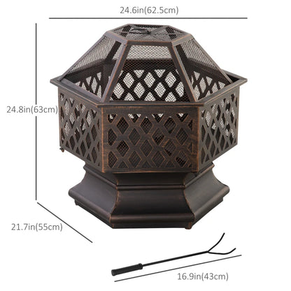 Outdoor Fire Pit with Mesh Lid, Portable Wood Burning Firebowl with Poker for Patio, Backyard, Bronze