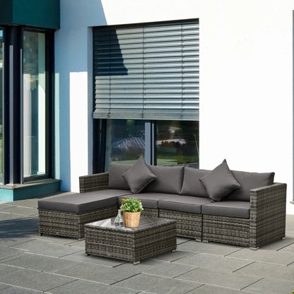 6 Pieces Outdoor PE Rattan Wicker Patio Furniture Sofa Set with Thick Cushions, Deluxe Garden Sectional Couch with Glass Top Table, Mixed Grey and Charcoal