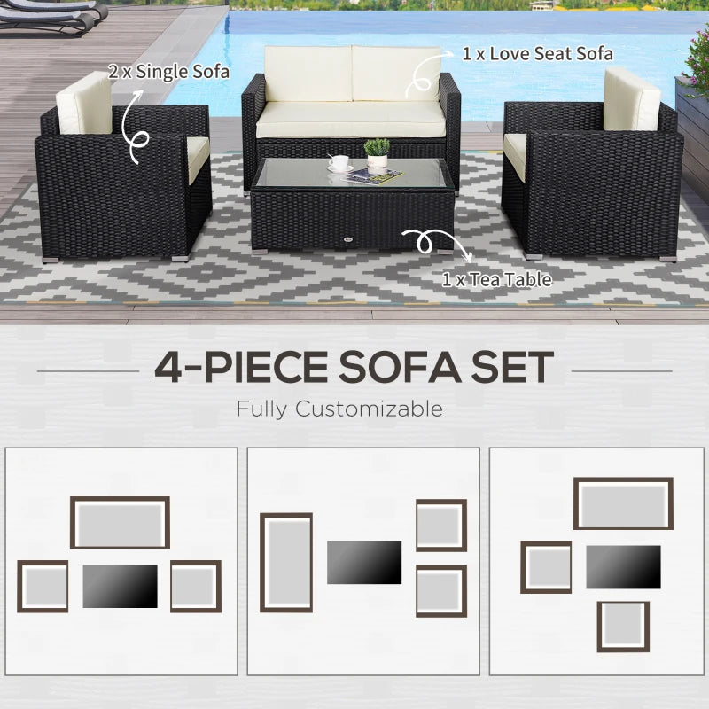 4 Pieces Sectional Patio Furniture Set, Rattan Wicker Patio Chairs Outdoor Coffee Set with Cushions, Cream White