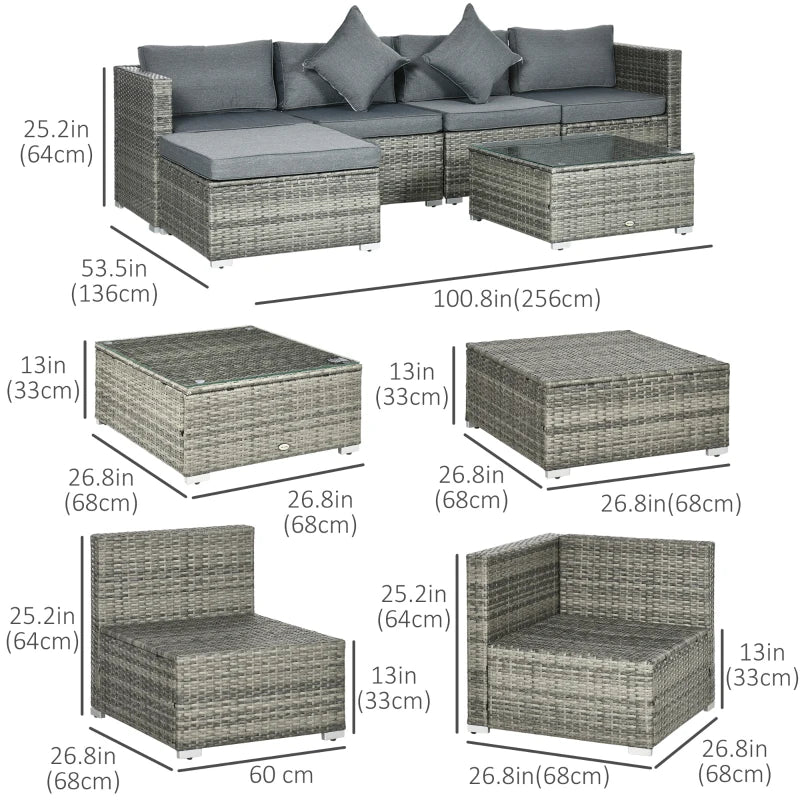 6 Pieces Outdoor PE Rattan Wicker Patio Furniture Sofa Set with Thick Cushions, Deluxe Garden Sectional Couch with Glass Top Table, Mixed Grey and Dark Grey