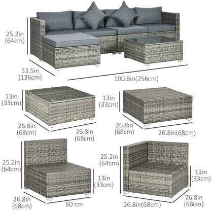 6 Pieces Outdoor PE Rattan Wicker Patio Furniture Sofa Set with Thick Cushions, Deluxe Garden Sectional Couch with Glass Top Table, Mixed Grey and Dark Grey