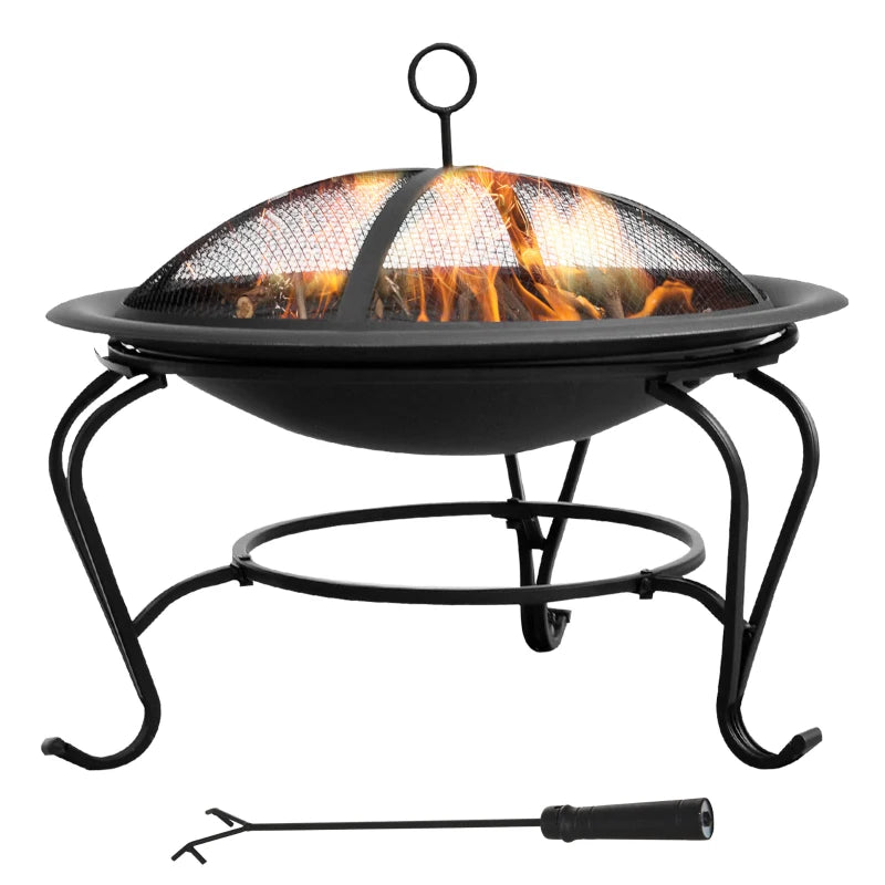 22" Round Firepit Patio Fireplace Garden Heater Portable Wood Burning Porch with Poker and Spark Screen Black