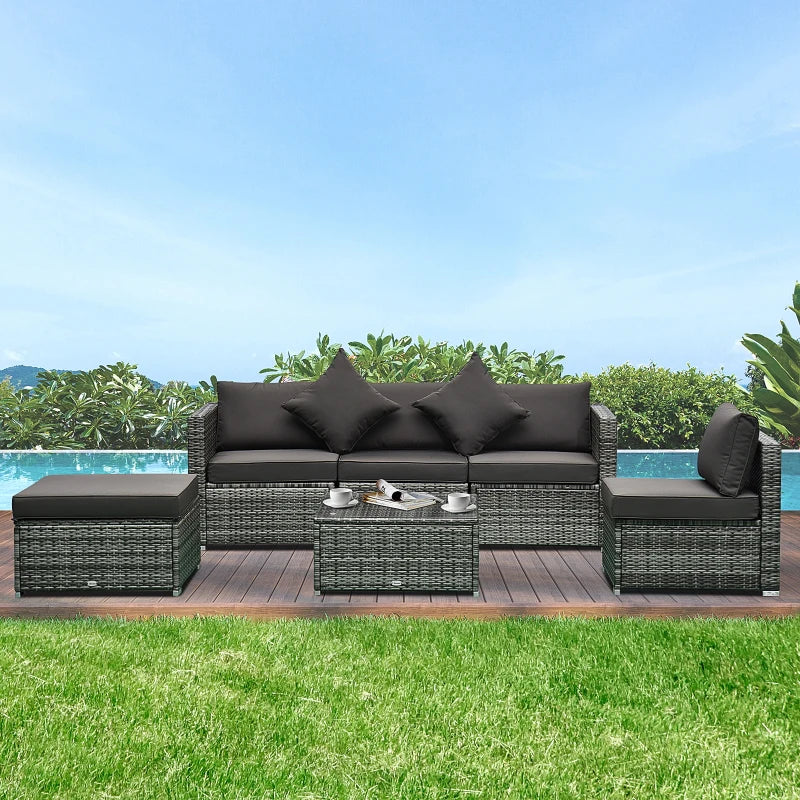 6 Pieces Outdoor PE Rattan Wicker Patio Furniture Sofa Set with Thick Cushions, Deluxe Garden Sectional Couch with Glass Top Table, Mixed Grey and Charcoal