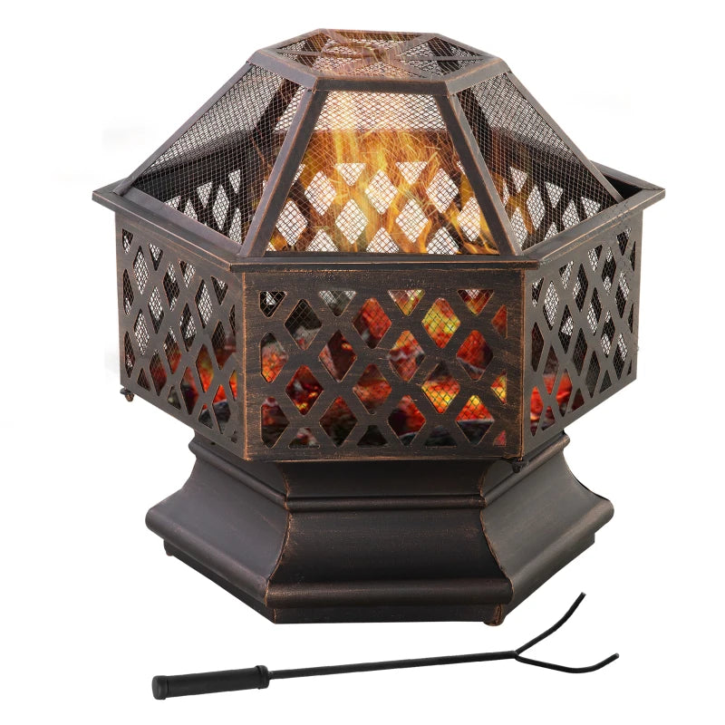 Outdoor Fire Pit with Mesh Lid, Portable Wood Burning Firebowl with Poker for Patio, Backyard, Bronze