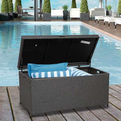 Outdoor Storage Box Wicker Patio Deck Box Bin Rattan Foot Stool w/Steel Frame Large Capacity Rectangle Coffee Table w/Handle