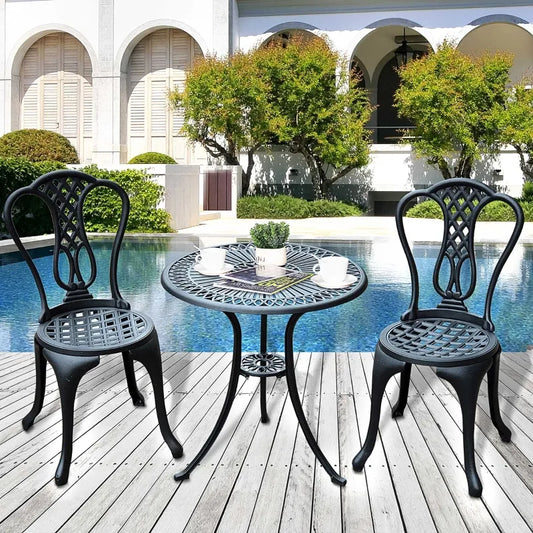 3 Pieces Antique Outdoor Bistro Set Cast Aluminum Patio Table and Chairs with Umbrella Hole, Black