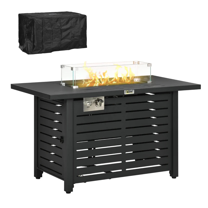 Propane Gas Fire Pit Table, Outdoor Firepit with 43" Steel Tabletop and Lid, 50,000 BTU Pulse Ignition Fire Table w/ Stainless Steel Burner, Glass Wind Guard, and Cover