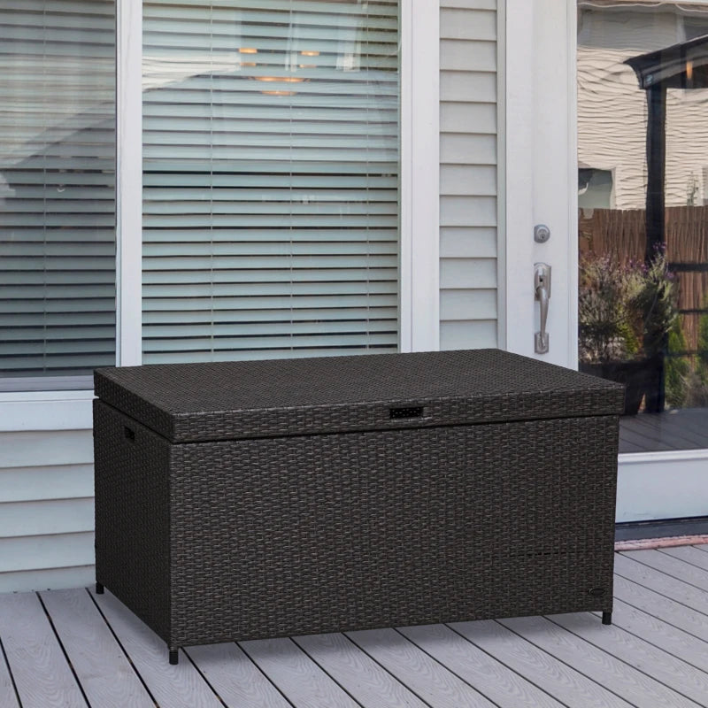 Outdoor Storage Box Wicker Patio Deck Box Bin Rattan Foot Stool w/Steel Frame Large Capacity Rectangle Coffee Table w/Handle