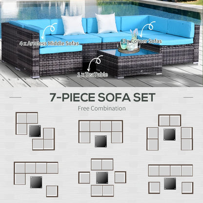 7 Pieces Outdoor Rattan Furniture Set, Patio Wicker Sectional Conversation Sofa Set w/ Cushions & Coffee Table Light Blue