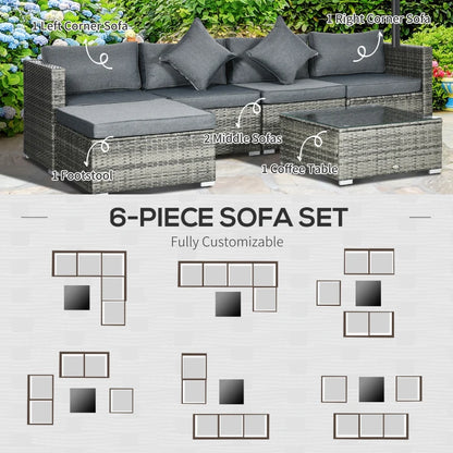 6 Pieces Outdoor PE Rattan Wicker Patio Furniture Sofa Set with Thick Cushions, Deluxe Garden Sectional Couch with Glass Top Table, Mixed Grey and Dark Grey