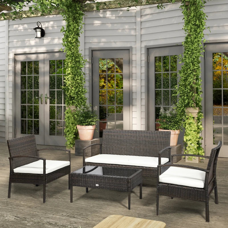 4 Pieces Patio Furniture Sets with A Loveseat, Two Armchairs and A Coffee Table, Outdoor Conversation Set with Glass Top Table, Brown PE Rattan and Cream White Cushions