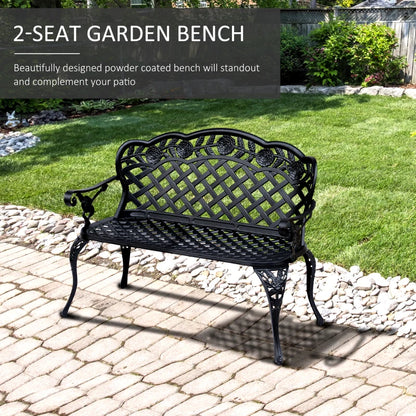 Metal Garden Bench, 2 Seater Outdoor Patio Loveseat with Armrest and Floral Scroll Backrest, 42.1"x22.8"x33.5", Black