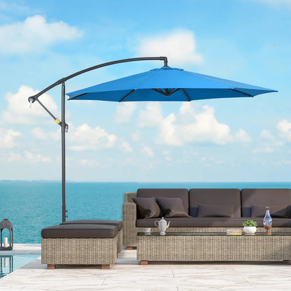 10ft Offset Patio Umbrella with Base, Garden Hanging Parasol with Crank, Banana Cantilever Umbrella Sun Shade, Blue