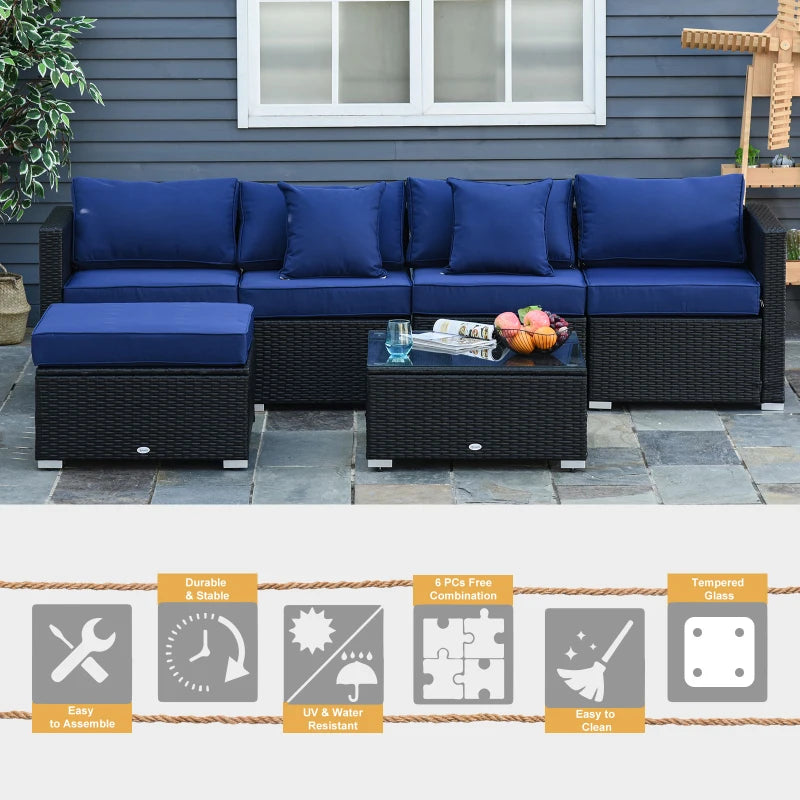 6 Pieces Outdoor PE Rattan Wicker Patio Furniture Sofa Set with Thick Cushions, Deluxe Garden Sectional Couch with Glass Top Table, Black and Dark Blue