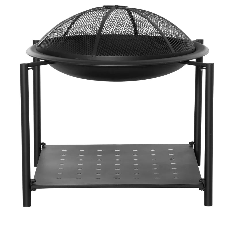 30" Outdoor Fire Pit with Screen Cover and Storage Shelf, Wood Burning Fire Bowl with Poker for Patio, Backyard, Black