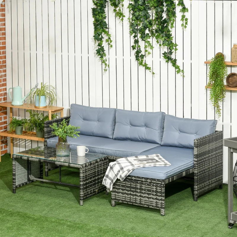 3 Piece Outdoor Patio Furniture Set with Loveseat Sofa, Chaise Lounge, Tempered Glass Table and Cushions, Sectional Wicker Rattan conversation Set for Backyard, Grey