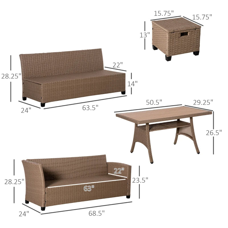 6 Pieces Patio Furniture Set, Outdoor Dinning Table Set, Wicker Sofa Set, All Weather PE Rattan Conversation Furniture, with Strip Wood Grain Plastic Coffee Table & Cushions, Khaki