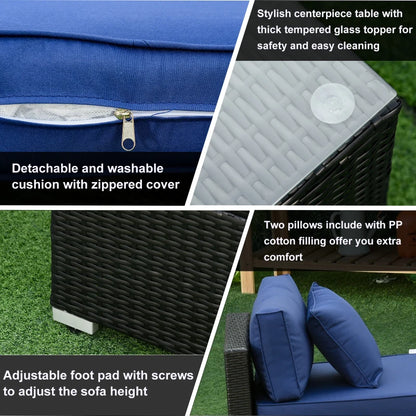 6 Pieces Outdoor PE Rattan Wicker Patio Furniture Sofa Set with Thick Cushions, Deluxe Garden Sectional Couch with Glass Top Table, Black and Dark Blue