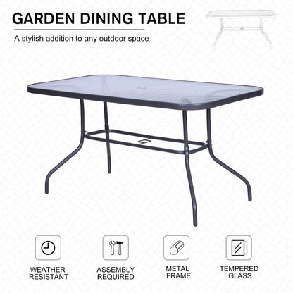 Metal Garden Dining Tables Outdoor Patio w/ Tempered Glass Top, Umbrella Hole, 55" x 31.5"