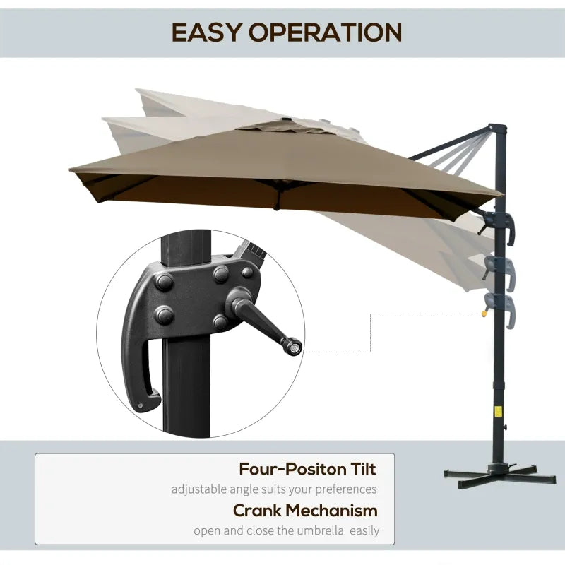 10x10ft Cantilever Umbrella with 4 Adjustable Angle and Rotation, Square Top Market Parasol with Aluminum Pole and Ribs for Backyard Patio Outdoor Area, Coffee